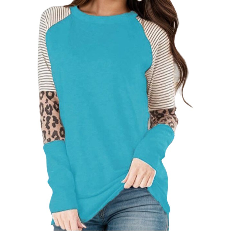 2023 cross-border European and American spring and autumn women's Amazon leopard color matching striped crew neck horn sleeve long sleeve T-shirt top