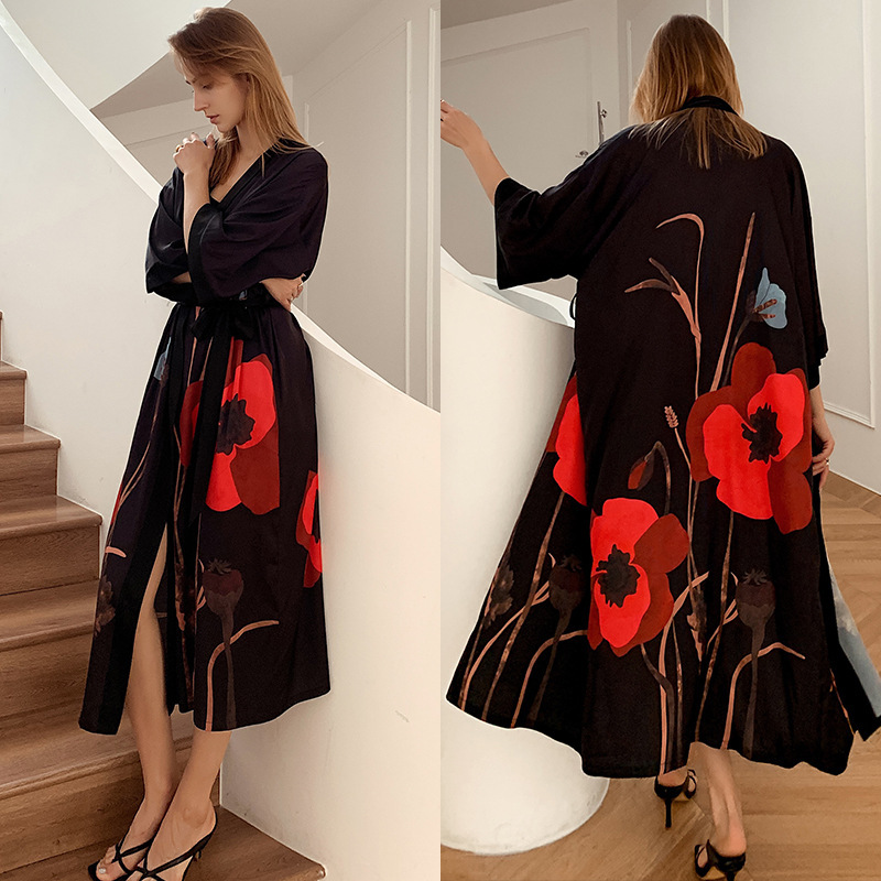 Picture of Yaoting Satin Printed Pajamas for Women Summer Large Size Accessible Luxury Three-Quarter Sleeves Cool Long Nightgown Home Wear Women Wp2669