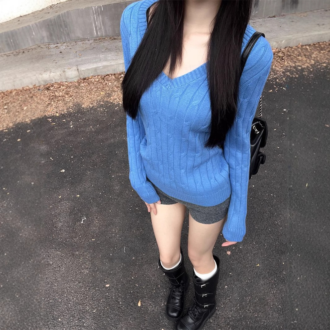 Blue Twist V-Neck Long-Sleeved Knitwear for Women in Autumn and Winter Basic Slim Fit Inner Knitwear Slimming Look Bottoming Shirt Top