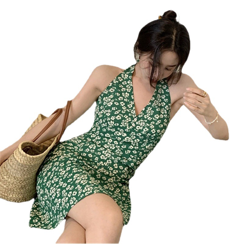 Summer Hong Kong Style Retro Women's Summer New V-neck Hanging Neck Floral A- line Short Skirt Sheath Slimming Slip Strap Dress