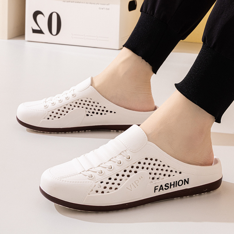 Men's Shoes Summer New Breathable Mesh Shoes Men's Slip-on Lazy Heel Half Slippers Fashionable All-match Casual Trendy Shoes