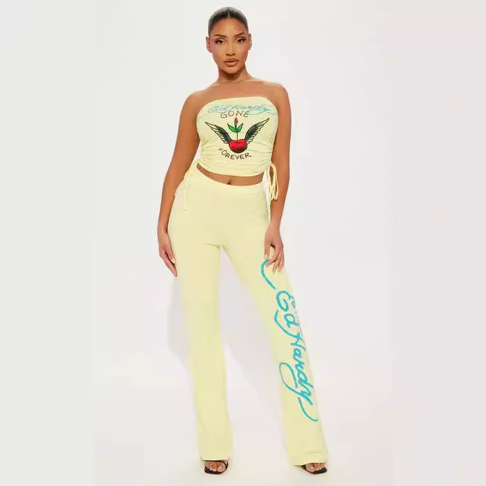 2024 cross-border European and American women's clothing XX020 positioning printed chest-wrapped trousers two-piece suit