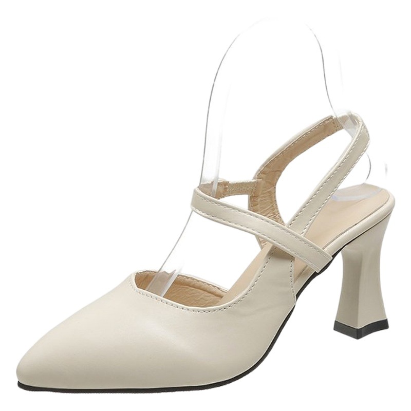 2023 Summer New Style Pointed Toe Baotou Strap Mom Sandals Soft Leather High Heels for Women