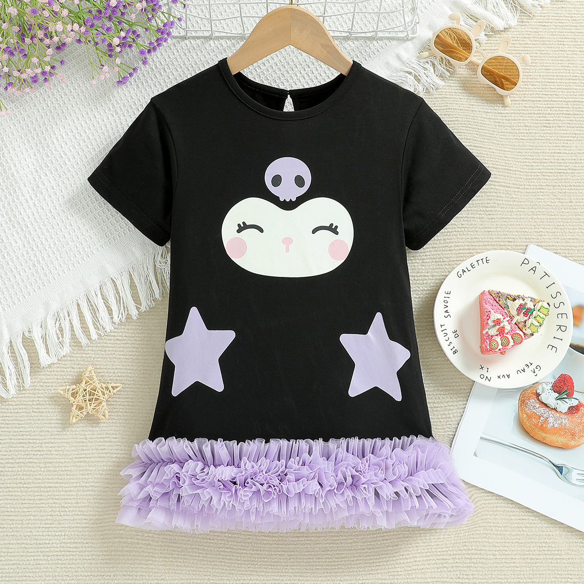 2025 Summer New Children's Clothing Girls Fashionable Sweet Cool Style Dress Cartoon Print Kuromi Soft Gauze Dress