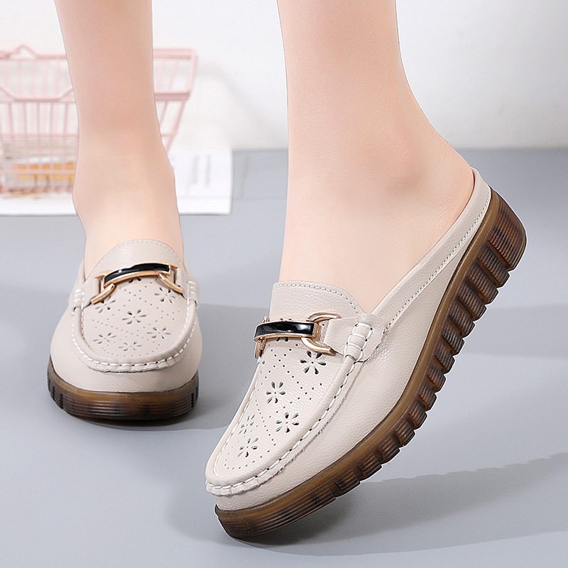 Half Slippers Women's Wedge Shallow Mouth Slip-on Spring and Summer Hollow Breathable Home Office Lightweight Ox-tendon Sole Middle-aged Slippers