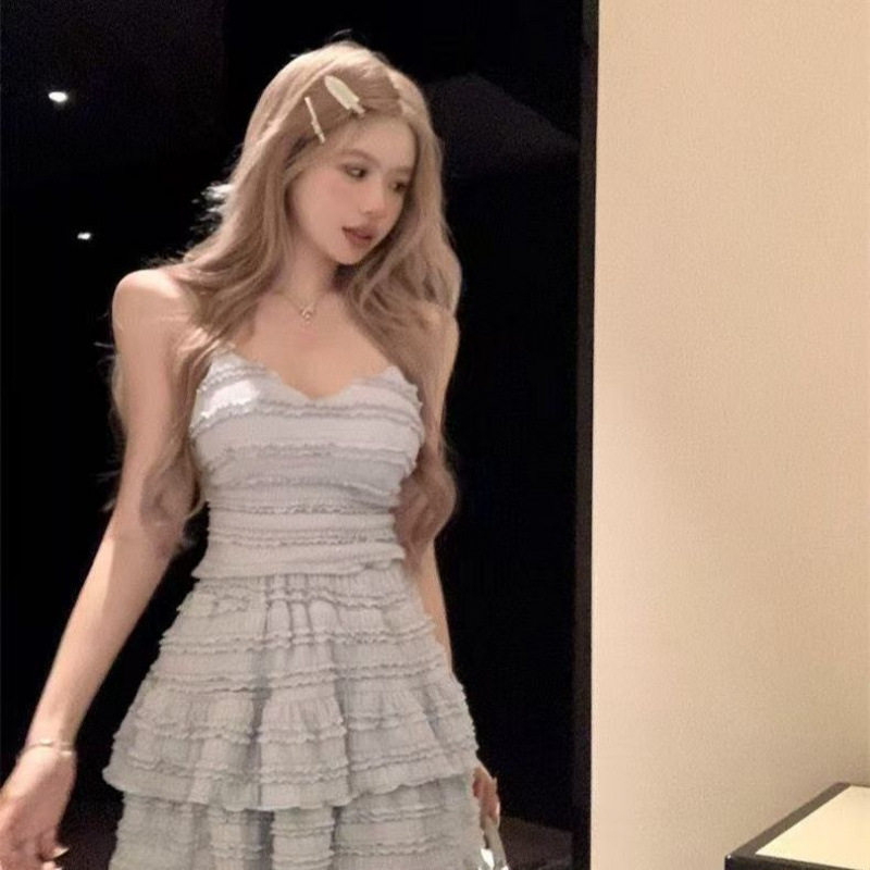 2025 Noble Socialite Style Ruffled Strap Camisole Women's Summer High-Waisted Puff Skirt Cake Skirt Two-Piece Set