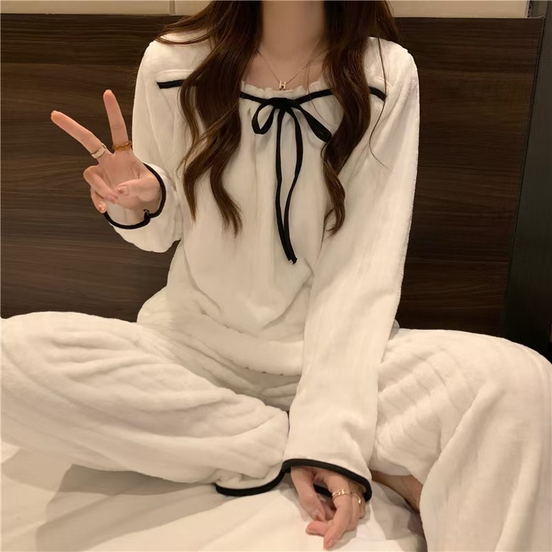 Coral Fleece Pajamas Women's Autumn Thickened fleece-lined Sweet Princess Style Cute Warm suit Winter Home Clothes for Women