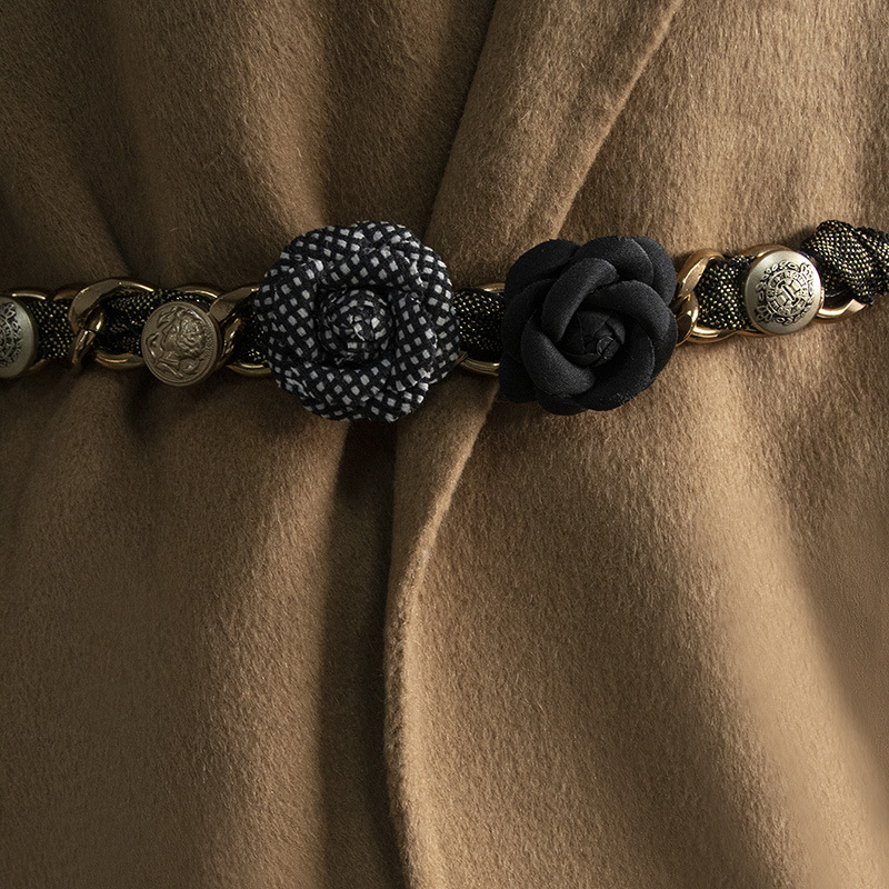 Ethnic Style Belt Women's Rose Flower Vintage Button Gold Silk Scarf Chain Pearl Chanel Style Fashion Belt