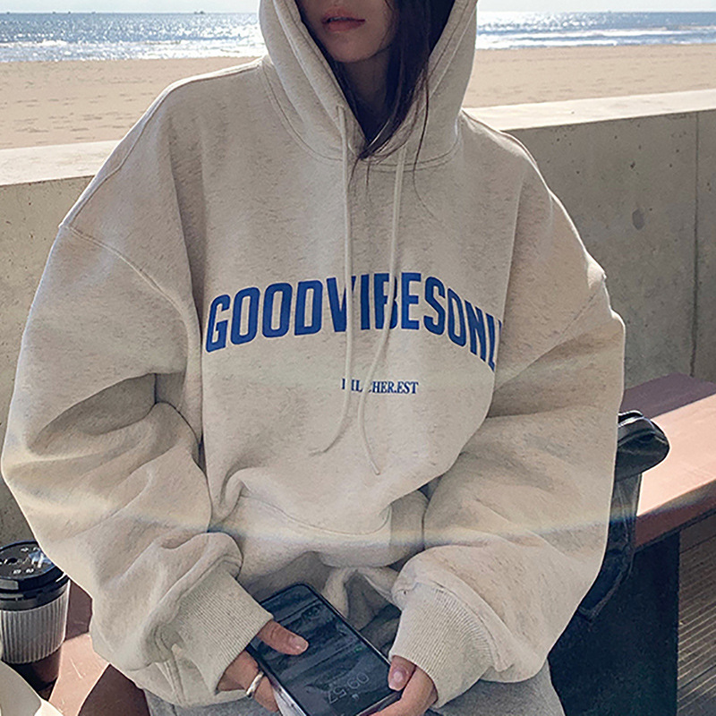fleece-lined Hooded Sweatshirt Women's Autumn and Winter New Loose Letter Printing Korean Style Fashion Student's Coat Long Sleeve Top Trendy