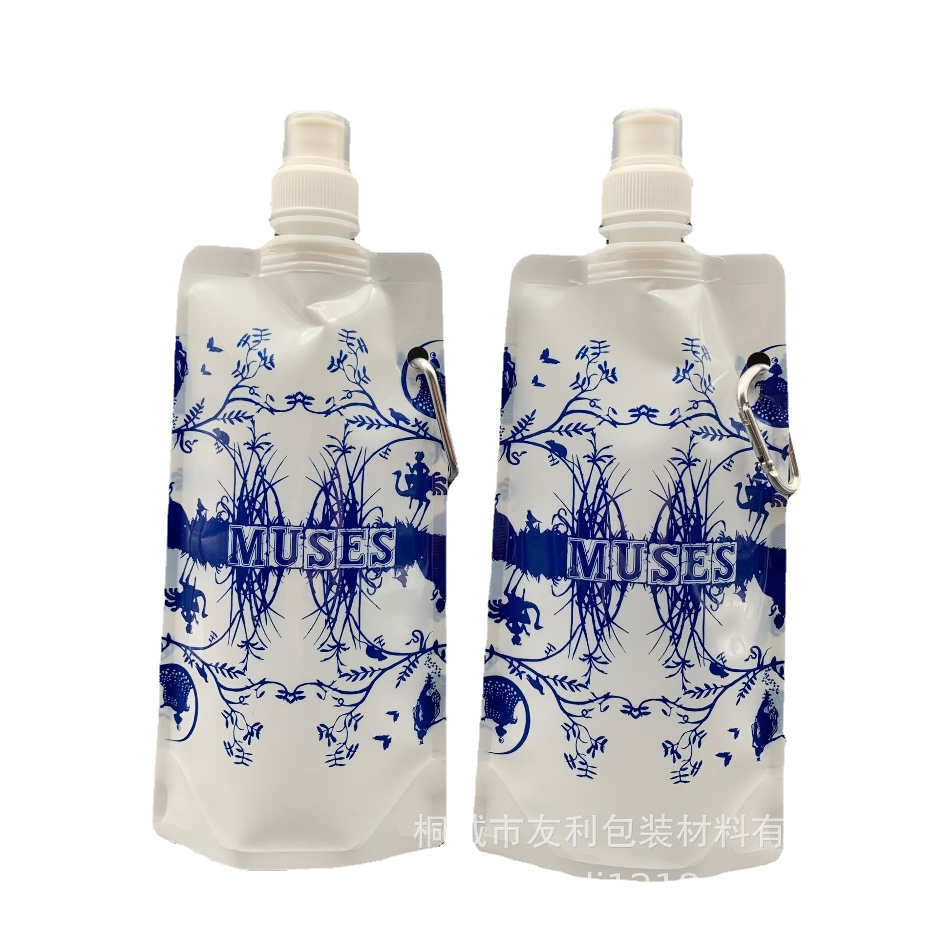 Picture of Customized Blue and White Porcelain Self-Standing Spout Bag, Outdoor Cycling Portable Foldableing Water Bag with Carabiner