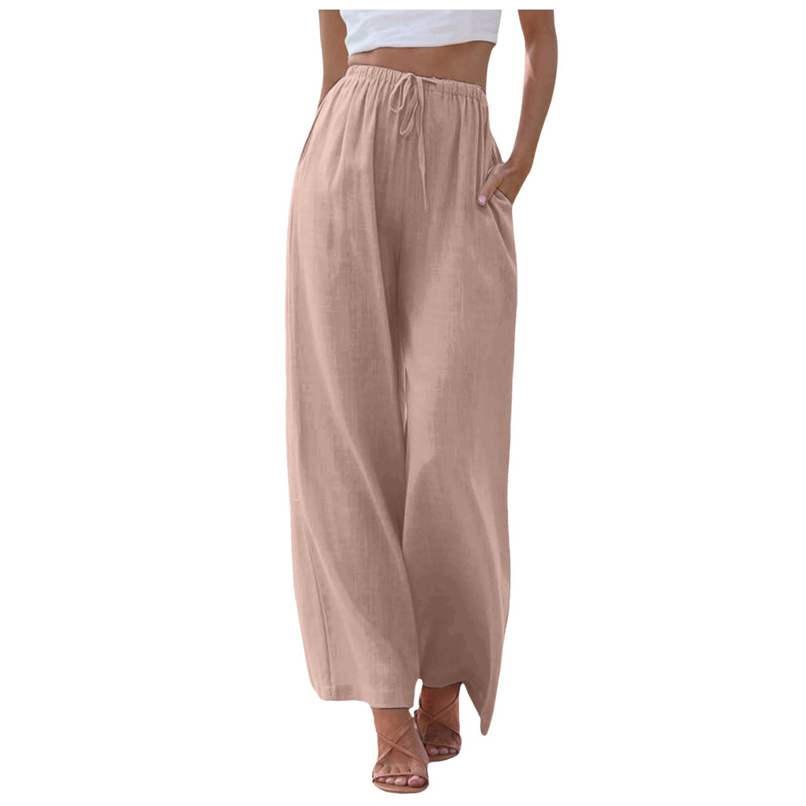 Cross-Border 2025 Summer New Ice Silk Casual Pants Versatile Loose Pants Simple Drawstring Elastic Straight Wide-Leg Pants