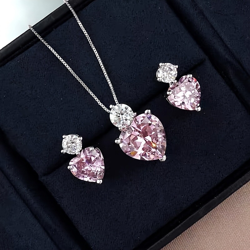 Cross-border new love necklace earrings suit pink diamond small fresh luxury simple Joker heart-shaped jewelry suit batch
