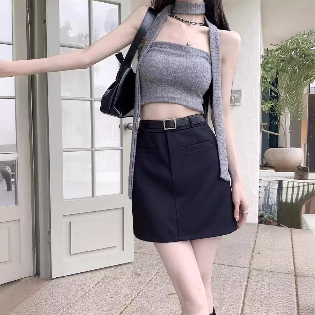 Grey High Waist Suit Skirt Women's Summer 2024 New College Style Spice Girl All-match A- line Hip Half-length Skirt