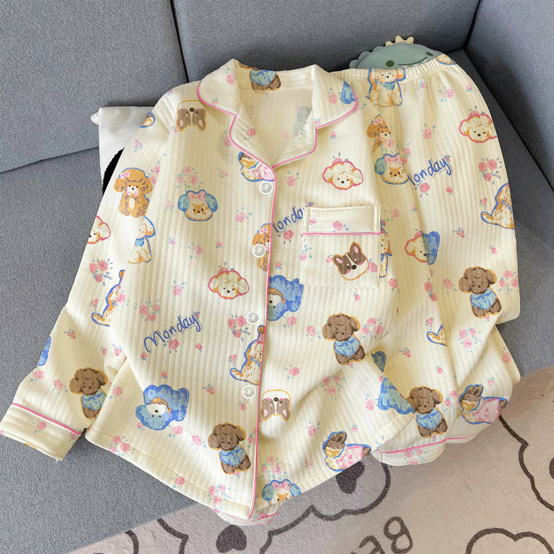 Spring New Flower Puppy Pajamas Women's Winter Air Cotton Sandwich Long Sleeve Two-Piece Home Clothes Real Shot Wholesale