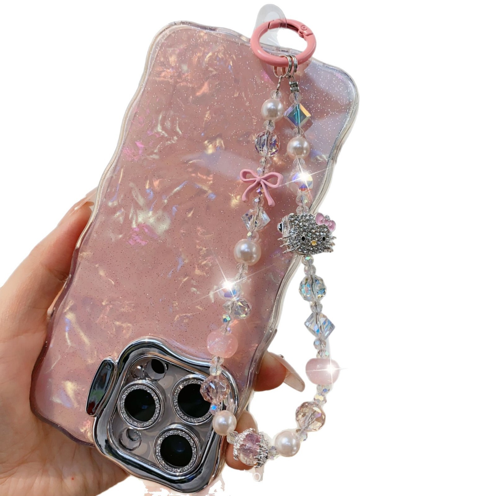 Picture of Sweet Diamond-encrusted Cat Bow Mobile Phone Chain Ins Style Crystal Pearl Beaded Bag Keychain Mobile Phone Lanyard