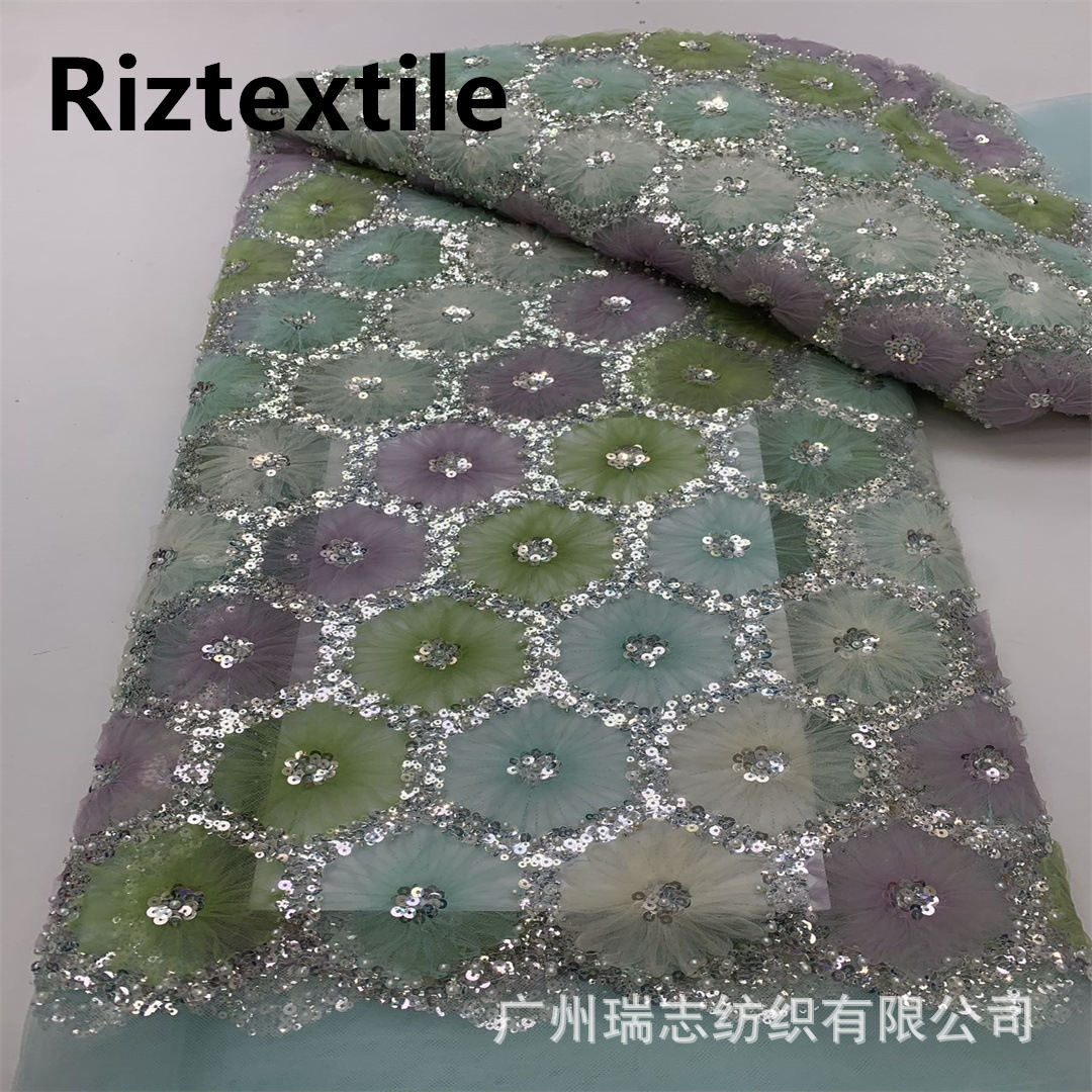 Picture of New Arrival Flower Dress dress Fabric Fashion Hexagon Sequins Bead Tube Embroidery Gorgeous Wedding Dress Mesh Embroidered Fabric