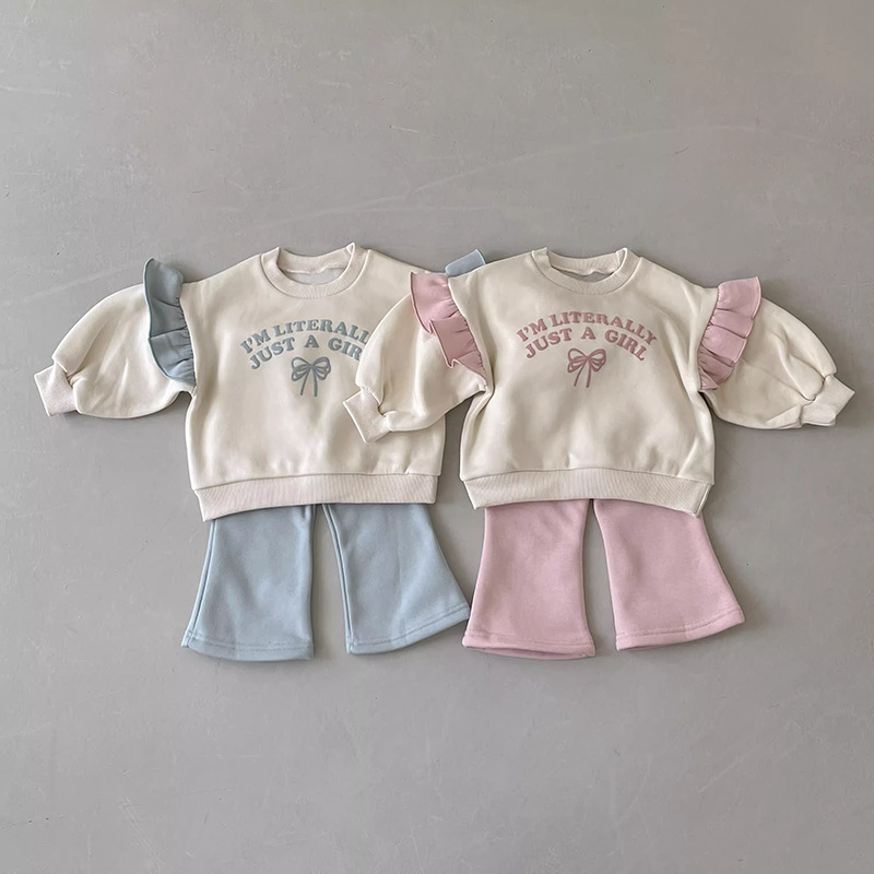 Ins Children's Fashion Casual Western Style New Spring and Autumn suit Girl's Lace Bow Cartoon Cute Two-piece Set