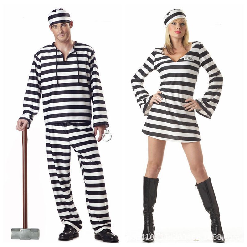 European and American cross-border supply manufacturers Halloween couple black and white striped men and women prisoner prison clothes Carnival party play clothes