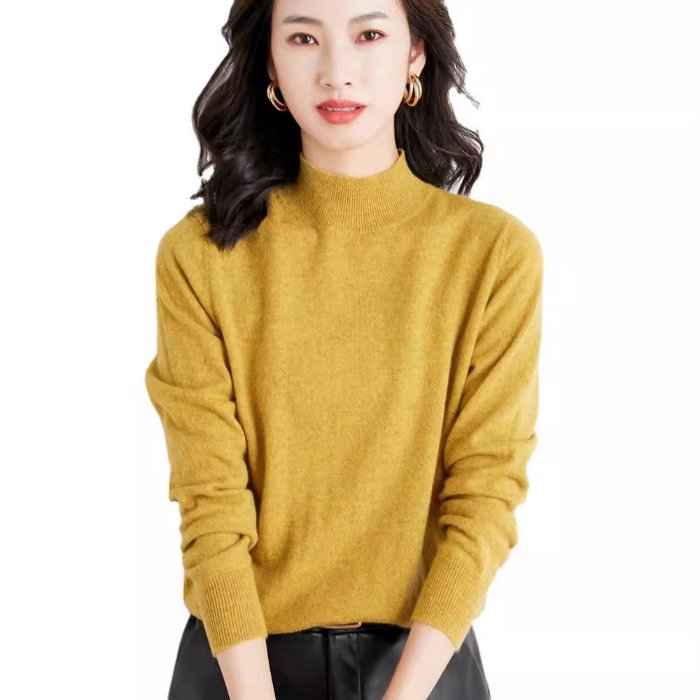 2022 women's solid color sweater half high collar slim base shirt autumn and winter new solid color sweater