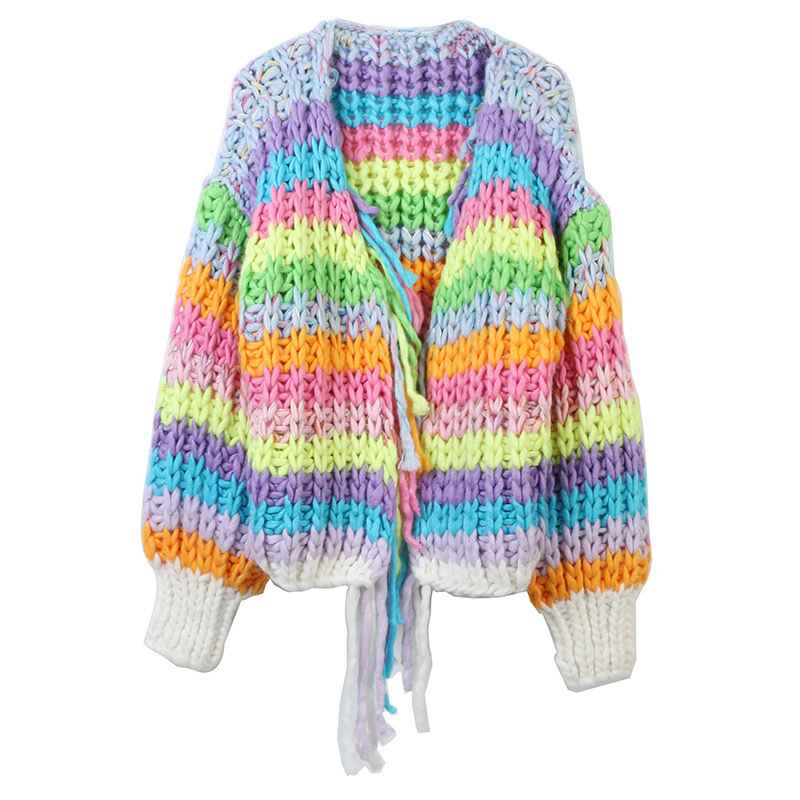 Amazon's New Autumn and Winter European and American Style Handmade Rainbow Striped Color-Blocking Chunky Knit Sweater Jacket for Women