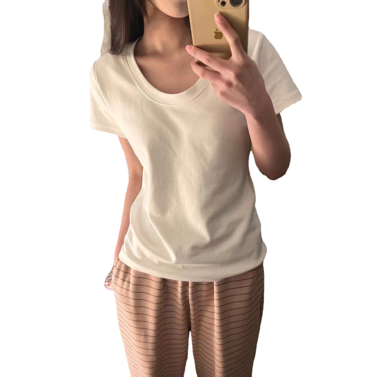 Picture of Right Shoulder Short-Sleeved U-Neck T-Shirt Women's Summer 2025 New Rayon Slim Low Round Neck Basic Bottoming Top
