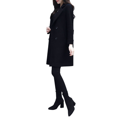 Picture of 2025 New Autumn and Winter Thickened Hepburn-Style Pocket Woolen Coat for Women, Black Slimming Mid-Length Woolen Coat