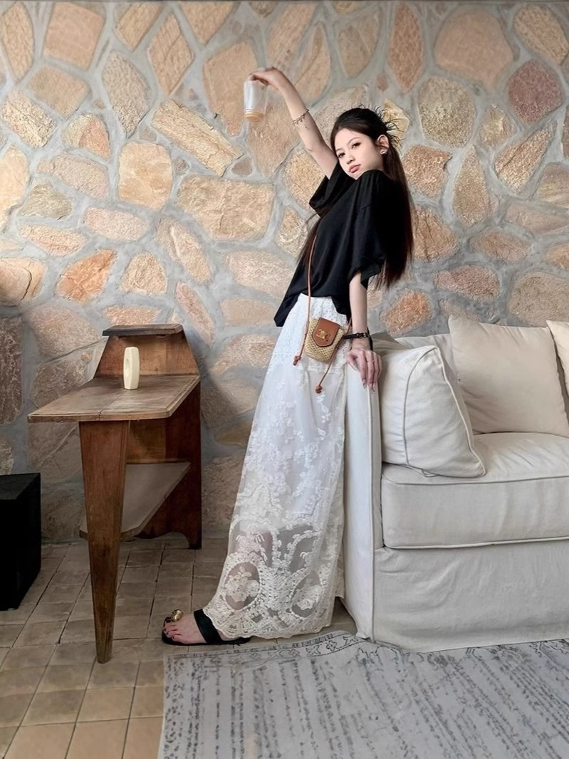 White Small High Waist Lace Skirt Women's Autumn and Winter New Elegant Design Long Skirt Loose Slimming Skirt