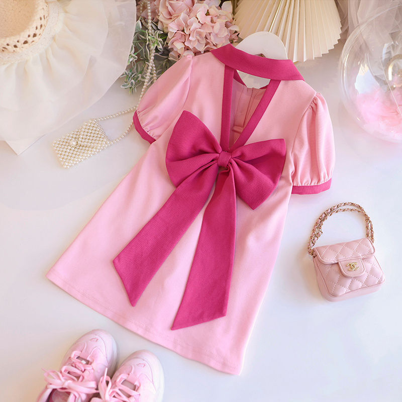 Picture of Girls' Fashionable Dresses 2024 Summer New Children's Cute Short-Sleeved Skirts Girls Bow Princess Dresses Trendy
