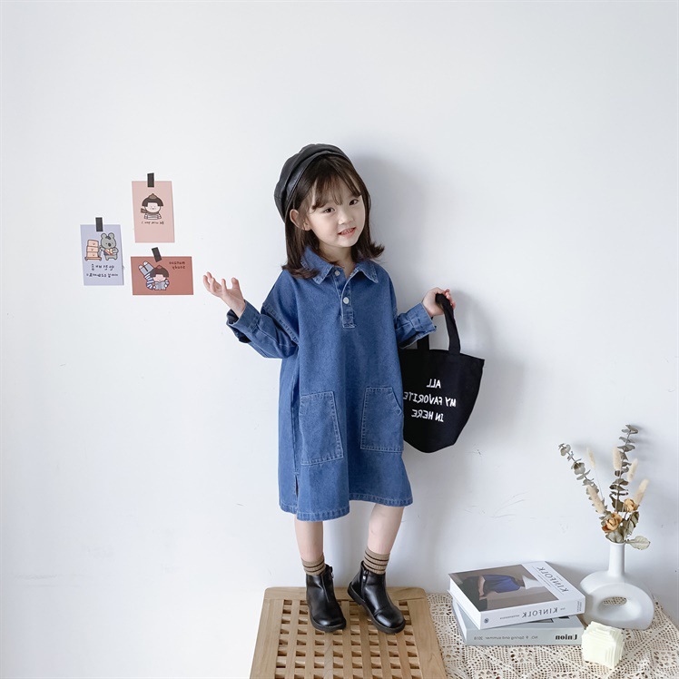 Girls Skirt 2025 Spring New Korean Style Girls Baby Style Retro Casual Denim Skirt Long Sleeve Dress