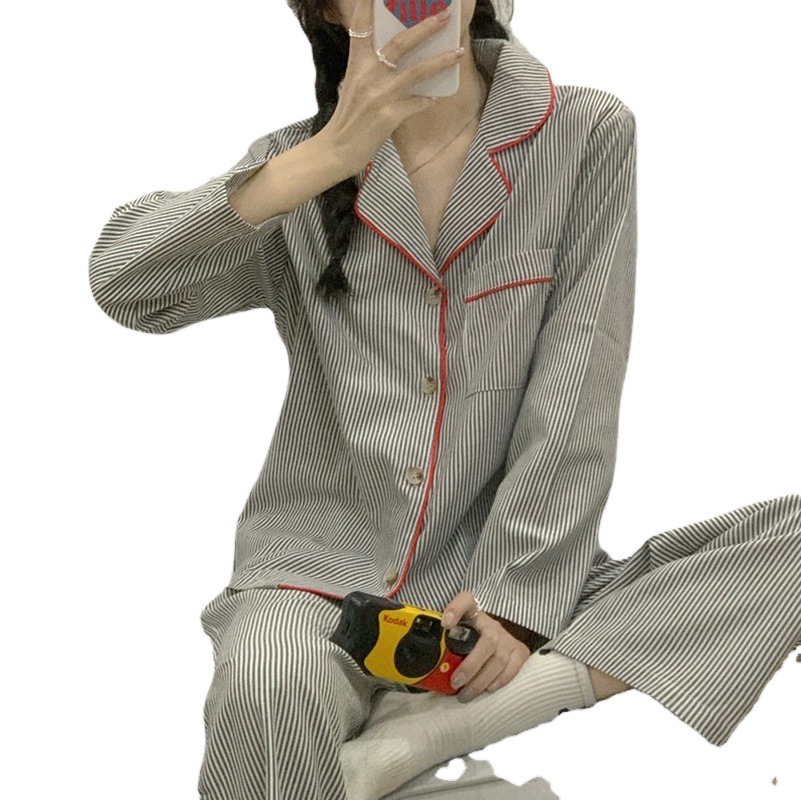Korean striped ladies pajamas long sleeve spring and summer cardigan lapel button home clothes women slim home clothes wholesale