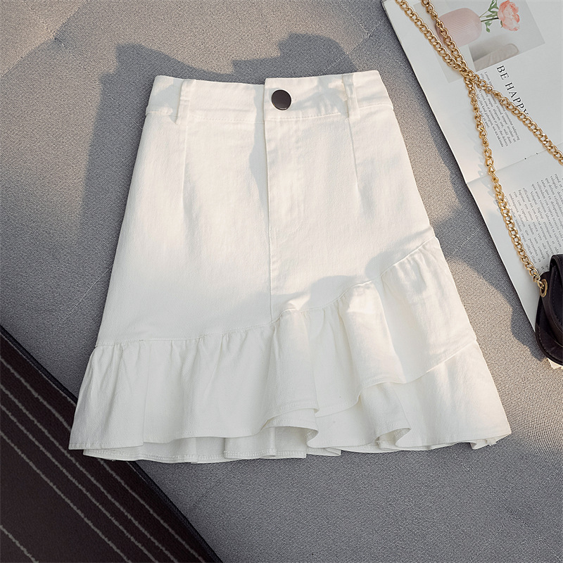 Picture of Small Irregular Ruffled Skirt 2024 Summer High Waist A- shaped Hip Slim White Denim Skirt for Women