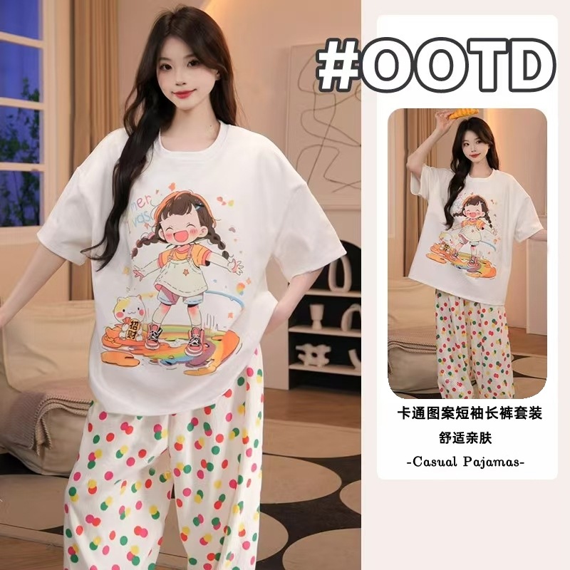 Picture of Pajamas Women's Spring and Autumn Summer Short-sleeved Trousers Large Size Loose Korean Style Fresh Cute Sweet Student Home Suit
