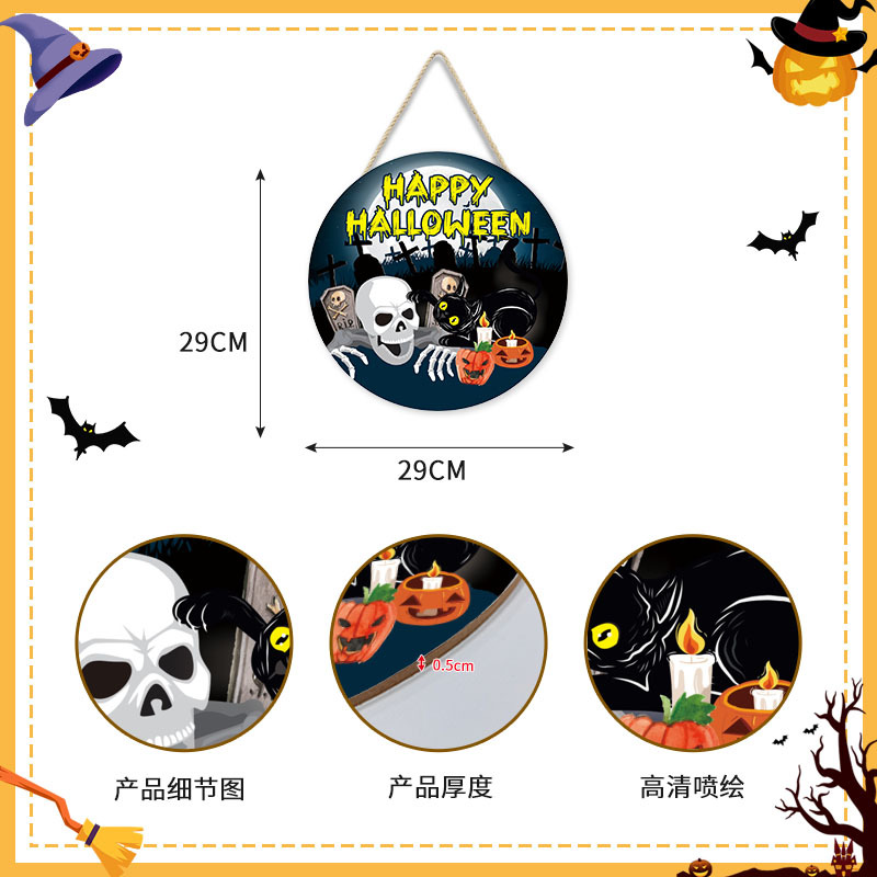 Picture of Cross-Border New Halloween Wall Decoration Wall Hanging Round Pumpkin Cat Horror Festival Welcome Wood Art Wall Decoration Door Hanging