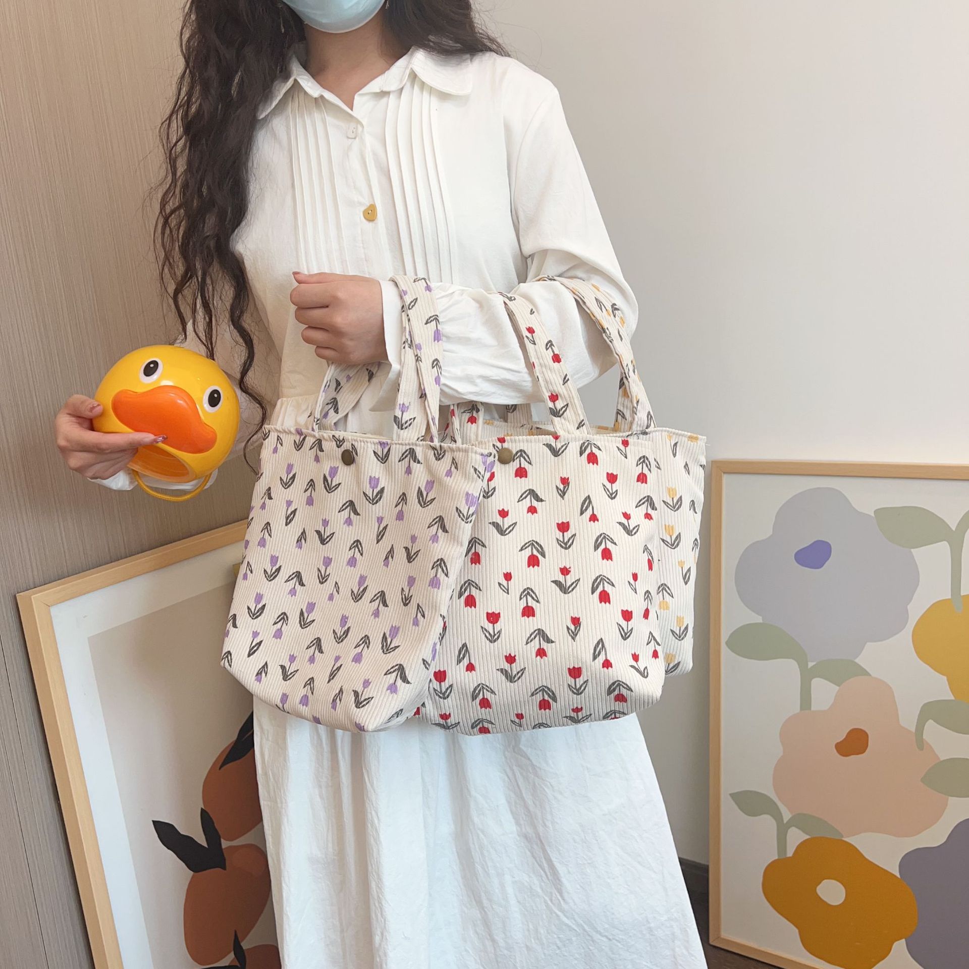 Corduroy Hand Bag Tulip Flower Lunch Bag Student Commuter Handbag Niche Large Capacity Bag