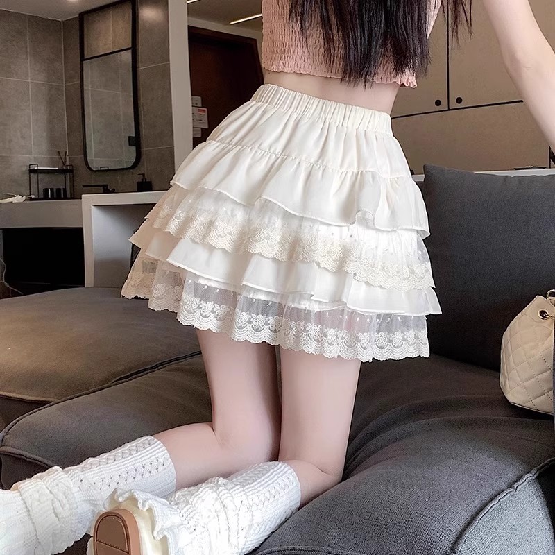 Picture of Cake skirt midi skirt for women, spring/summer high-waisted petite A-line skirt, ballet princess style, puffy short skirt, white lace