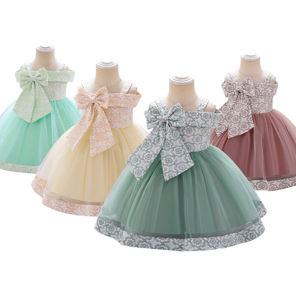 Foreign Trade Summer New Children's Big Bow Sling Princess Dress Poncho Mesh Dress Flower Children's Show Dress