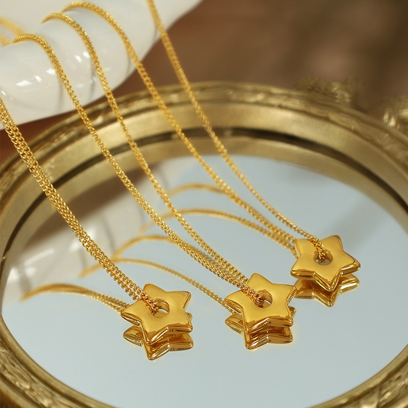 Picture of French Simple Golden Glossy Lucky Star Necklace Versatile Five-Pointed Star Earrings Age-Reducing Women's Jewelry Set
