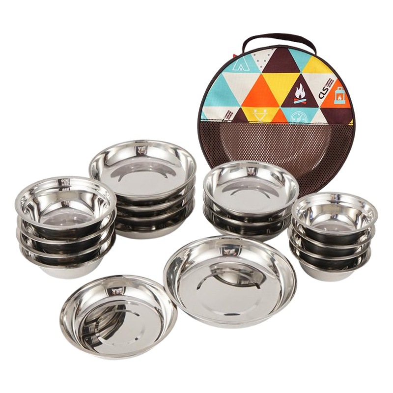 Picture of Outdoor Stainless Steel Dinner Plate 17-Piece Set Camping Barbecue Tableware Portable Self-Driving Barbecue Plate Soup Basin Dish Bowl Set