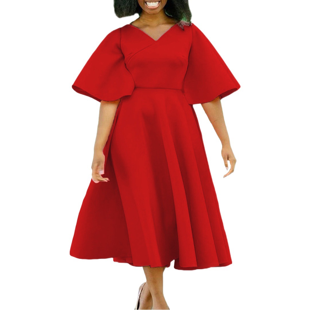 D3191 Cross-border Women's 2023 New Trumpet Sleeve V-neck Fashion Elegant Large Skirt Dress European and American Dress