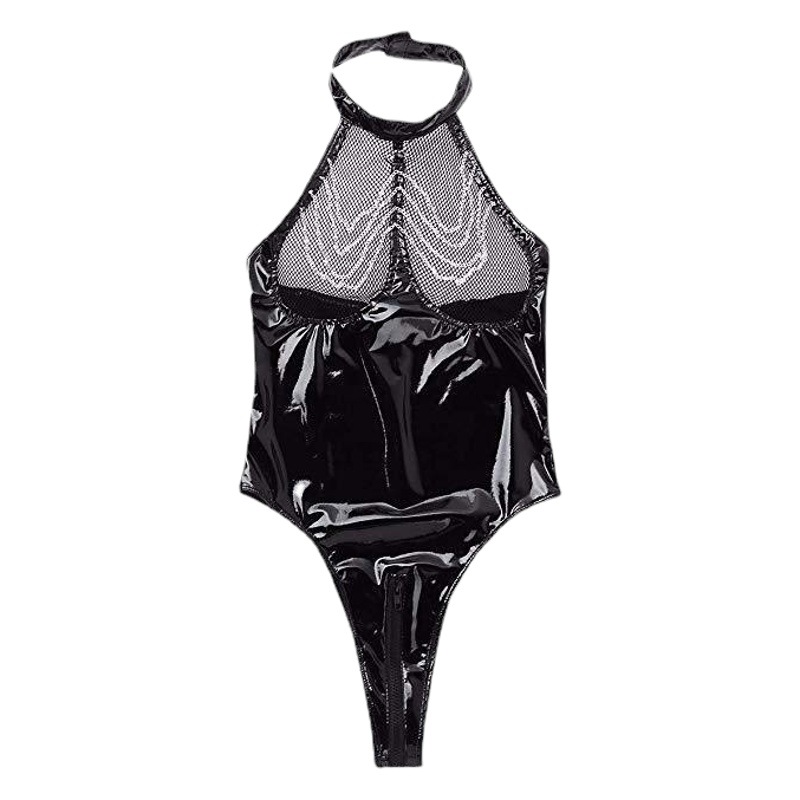 Patent leather one-piece sexy lingerie European and American women's open crotch open chest motorcycle clothing sexy mirror PV underwear