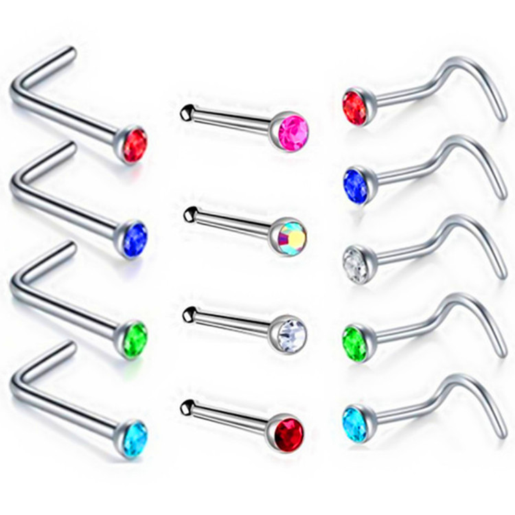 13-Piece Stainless Steel Sticky Diamond Nose Nail Set Cross-Border European and American Piercing Hao Stone Diamond Nose Nail Nose Ring Body Piercing Decoration