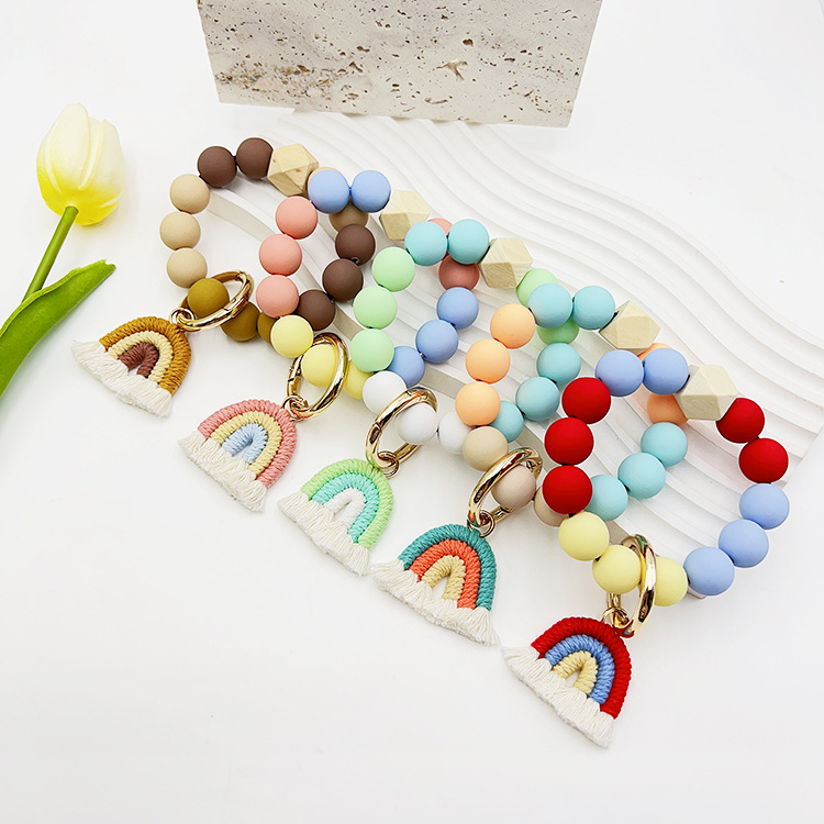 New cross-border jewelry rubber paint candy-colored round beads rainbow hand-woven tassel bracelet bracelet keychain