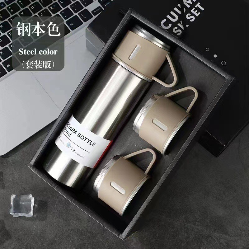 Picture of One Cup Three Lid Thermos Portable Fashion in stock Business Event Gift Box suit Stainless Steel Cup Engraving Logo