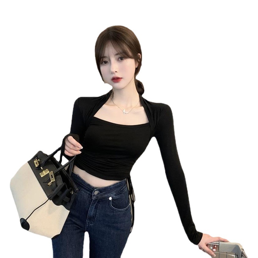 Sexy Square-Neck Base Shirt for Women with Unique Design, 2025 Autumn Long-Sleeve Slim-Fit Drawstring Top, Trendy Inner Wear