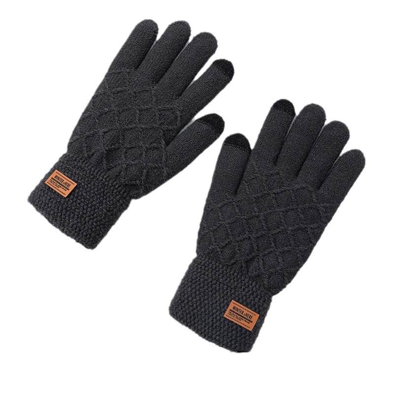 Picture of Gloves men's plus size student autumn and winter warm touch screen cold-proof fleece-lined five-finger knitted wool cycling riding gloves