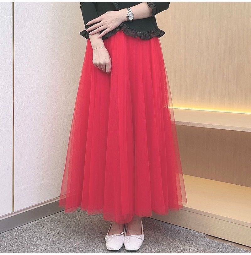 Picture of Veil Skirt Women's Skirt Spring and Autumn 2024 New Solid Color Slim A- line Skirt Mid-length Gauze Skirt