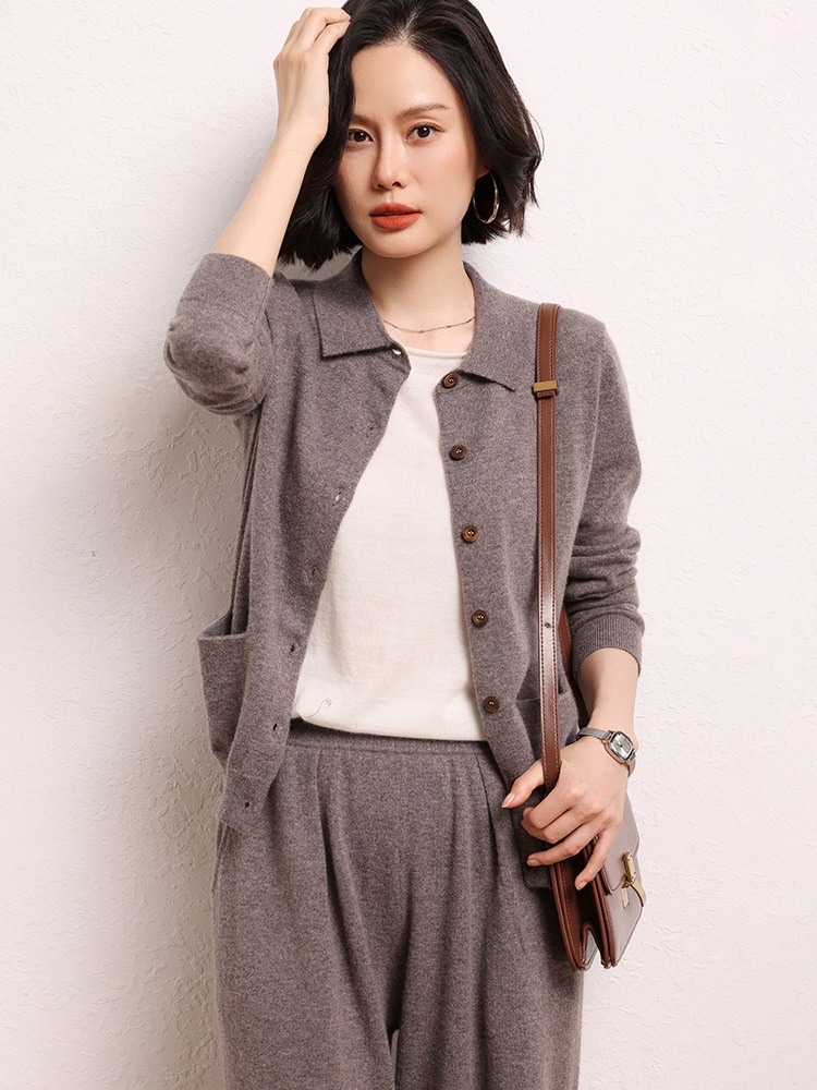 Chujianonchujiannong Cardigan Women's Pure Cashmere Buttoned Flap Pocket Pants Shirt Collar December Knitted Jacket
