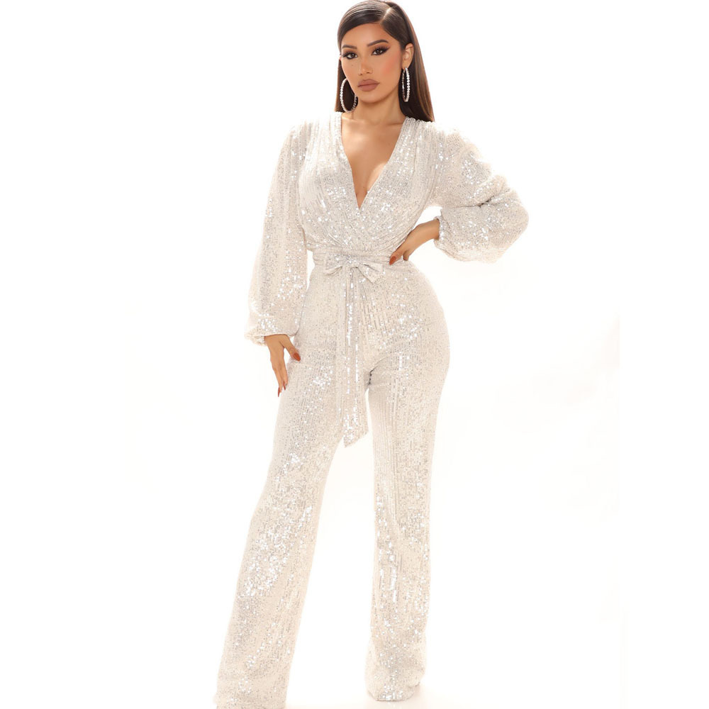 Picture of Amazon Explosions Autumn European and American High-end Women's Sequins Deep V-Neck Long Sleeve Pants Foreign Trade Pants
