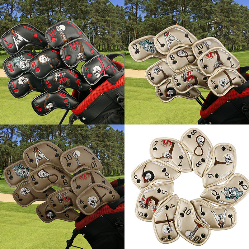 Cross-Border Wholesale Skull Iron Club Head Covers with Poker Card Pattern, Set of 9 Golf Club Cap Covers