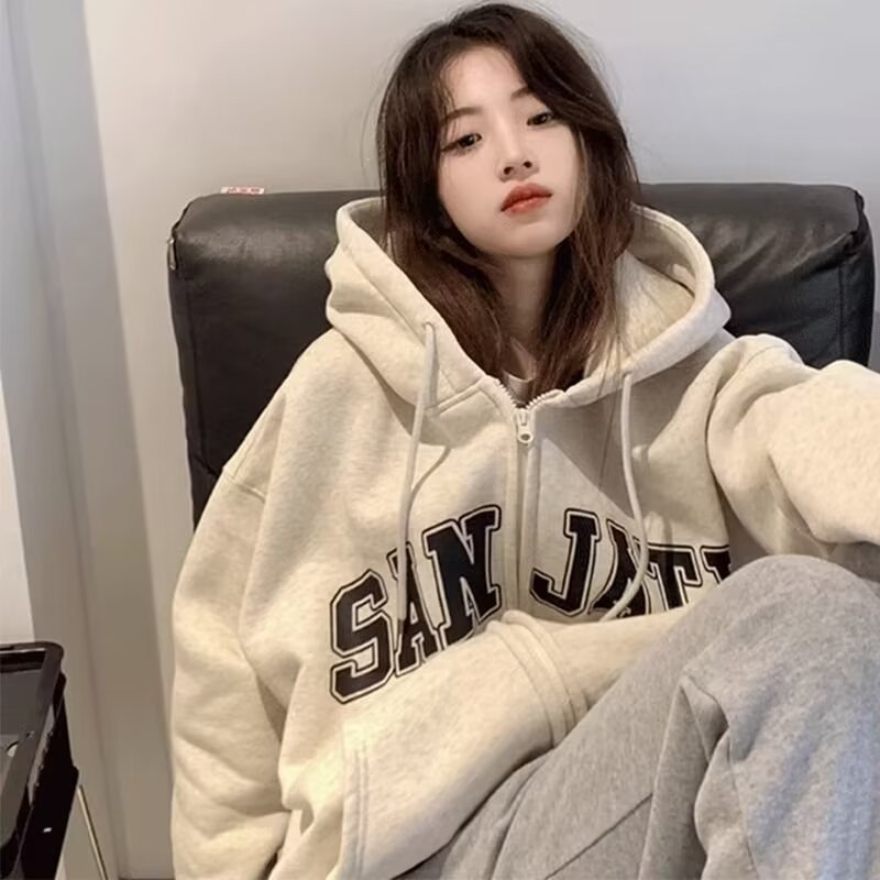 Factory Straight Hair Retro National Fashion fleece-lined Cardigan Hooded Sweater Women's 2023 Autumn and Winter New Loose Lazy Wind Couple